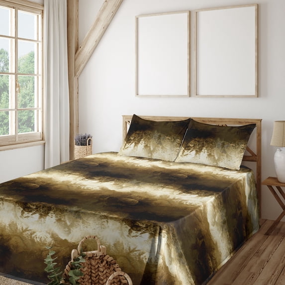 Ambesonne Earthy Floral Fitted & Flat Sheet with Sham 3 Pcs Set, Grungy Flower Print, Twin, Caramel Dark Cocoa Ivory