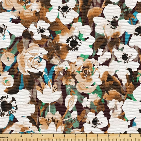 Ambesonne Earthy Flowers Fabric by the Yard Upholstery, Rose Anemone Detais, 10 Yards, Ginger Chocolate White