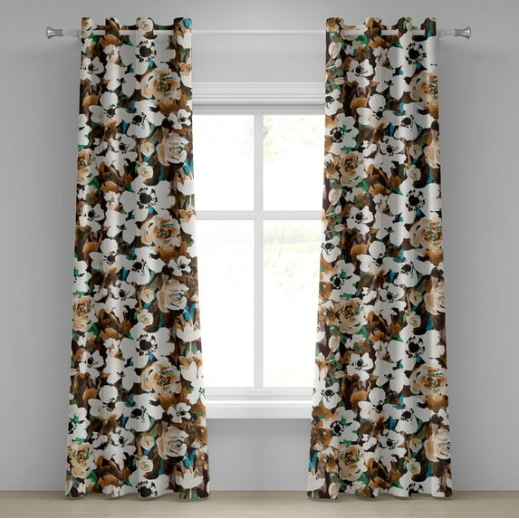 Ambesonne Earthy Flowers Grommet Curtain, Rose Anemone Detais, 50"x84", Ginger Chocolate White