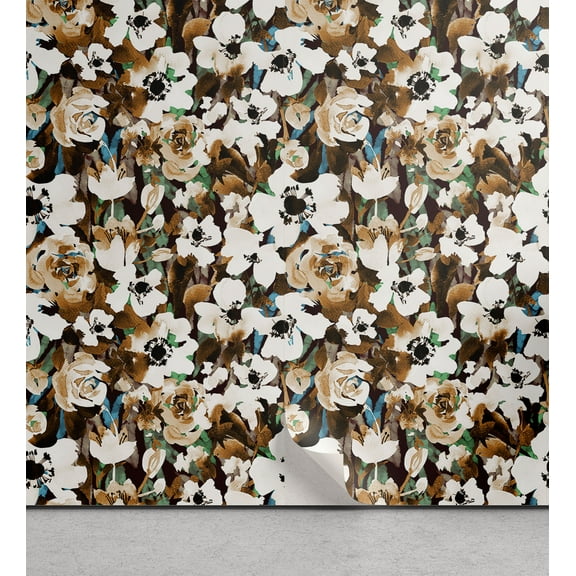 Ambesonne Earthy Flowers Peel & Stick Wallpaper for Home, Rose Anemone Detais, 13"x72", Ginger Chocolate White