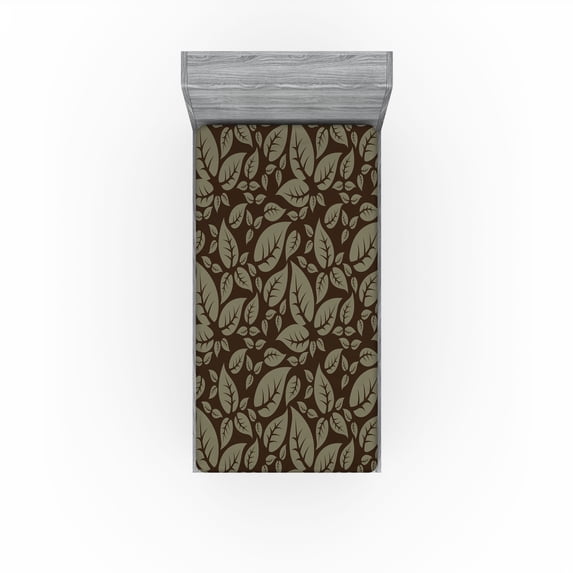 Ambesonne Earthy Leaves Fitted Sheet, Woodland Boho Leaf, Twin Size, Dark Cocoa Peacock Green