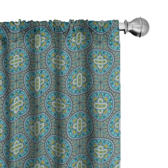 Ambesonne East Window Curtains, Ornament Tile, Each 28" W x 63" L, Yellow Green Turquoise