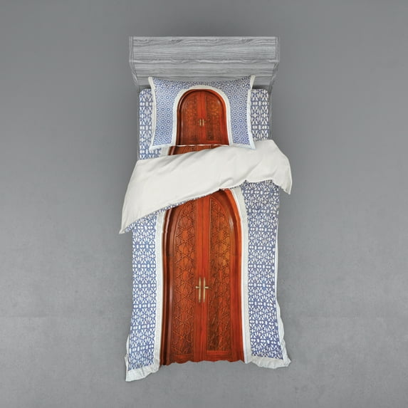 Ambesonne East Bedding Set 3 Pcs, Antique Stars Wooden Door, Twin, Blue Brown