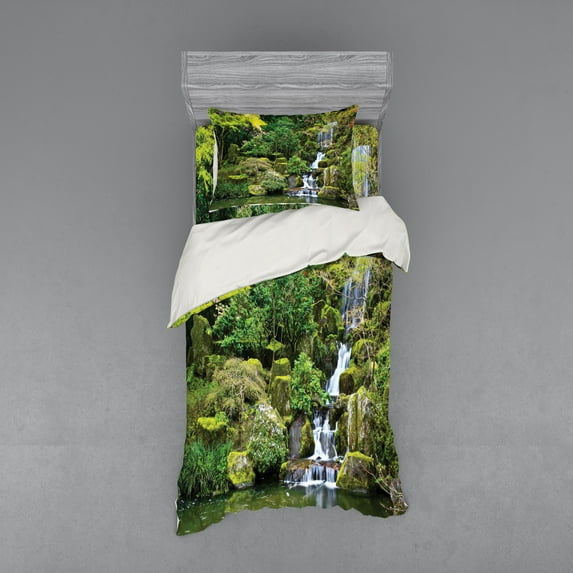 Ambesonne East Bedding Set 3 Pcs, Trees Foliage Rock Garden, Twin, Green White