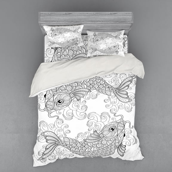 Ambesonne East Bedding Set 4 Pcs, Koi Fish Pattern, Queen, Grey and White