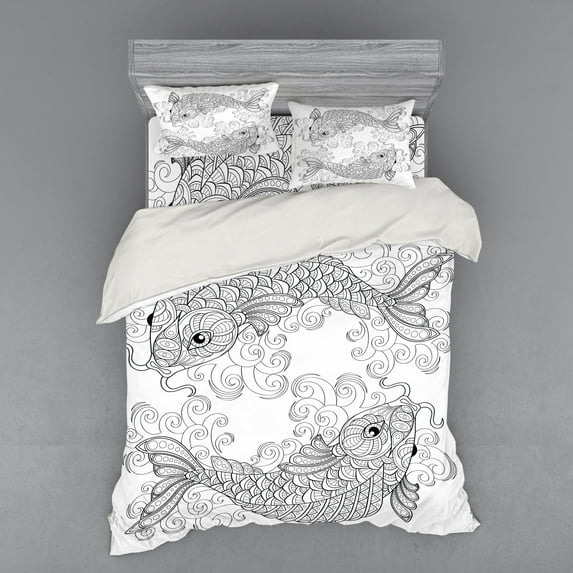 Ambesonne East Bedding Set 4 Pcs, Koi Fish Pattern, Queen, Grey and White
