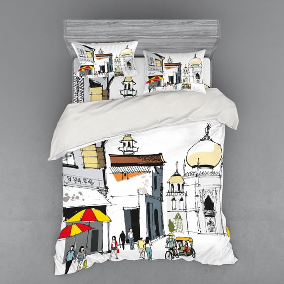 Ambesonne East Bedding Set 4 Pcs, Old Singapore Cityscape, Queen, Multicolor