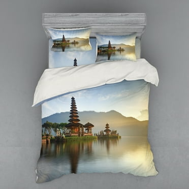 Ambesonne East Bedding Set 4 Pcs, Pura Ulun Danu Building Asia, Queen, Beige Brown