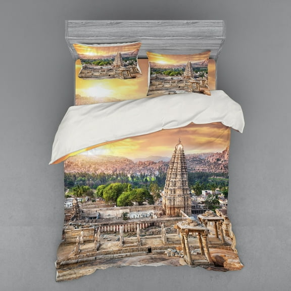 Ambesonne East Bedding Set 4 Pcs, Tower Building at Sunset, Queen, Orange Cream