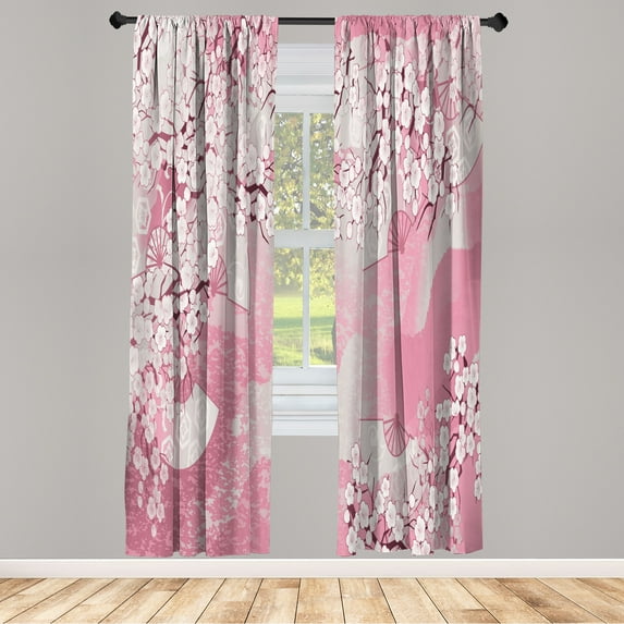 Ambesonne East Curtains, Japanese Cherry Sakura Print, Pair of 28"x63", Pink Rose