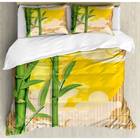 Ambesonne East Duvet Cover Set, Exotic Full Moon Clouds Look, 2-Calking, Yellow Green Pale Brown