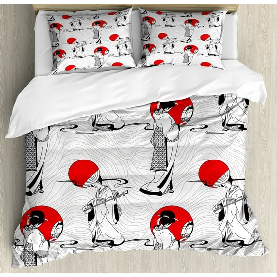 Ambesonne East Duvet Cover Set, Modern Japanese, 2-Calking, Black Red
