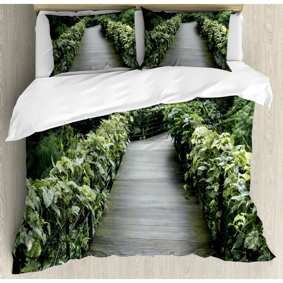 Ambesonne East Duvet Cover Set, Scenic Pathway in Singapore, Calking, Green Brown Fern Green
