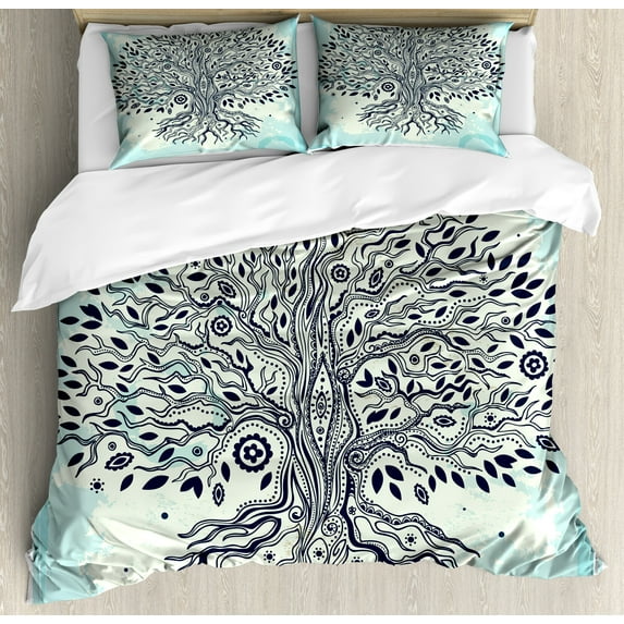 Ambesonne East Duvet Cover Sets, Chinese Bonsai Roots, 2-King, Indigo Cream Pale Blue