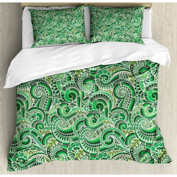 Ambesonne East Duvet Cover Sets, Classical Retro Green Swirls, 2-King, Black and Green