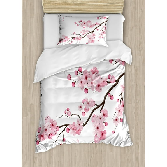 Ambesonne East Duvet Cover Sets, Japanese Cherry Branch, 2-Twin, Pink White