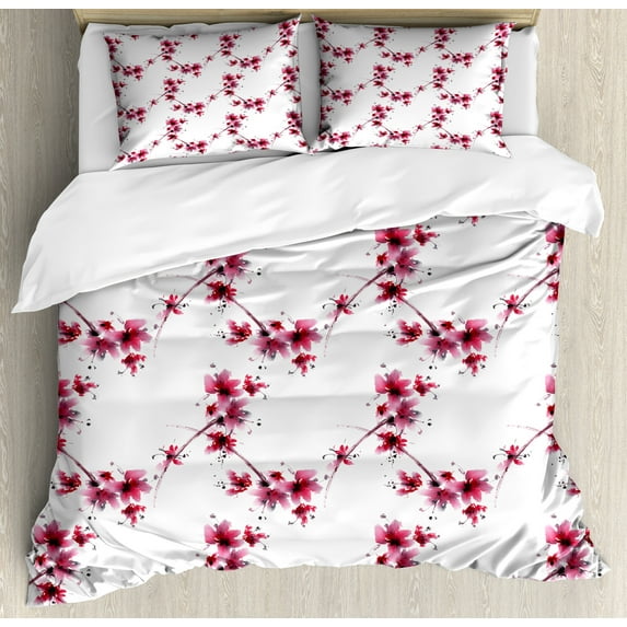 Ambesonne East Duvet Cover Sets, Petal Flower Ethnic Art, 2-King, Fuchsia White