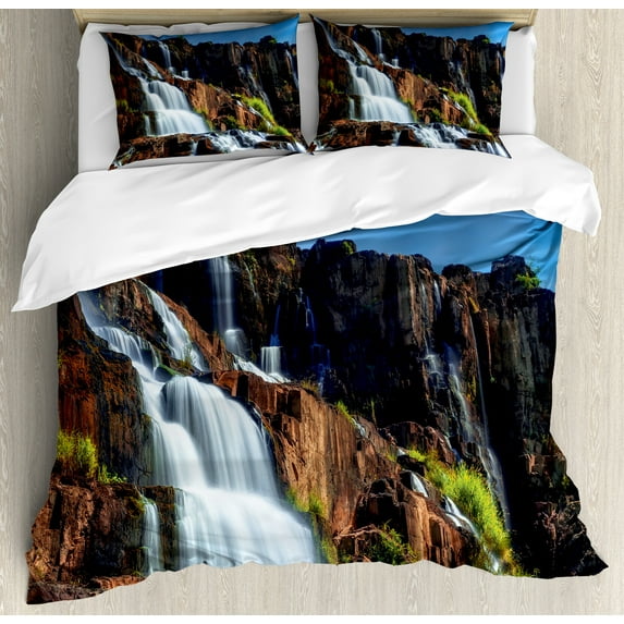 Ambesonne East Duvet Cover Sets, Pongour Waterfall Exotic, 2-Queen, White Blue