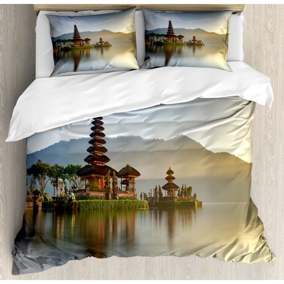 Ambesonne East Duvet Cover Sets, Pura Ulun Danu Building Asia, 2-Queen, Beige Brown