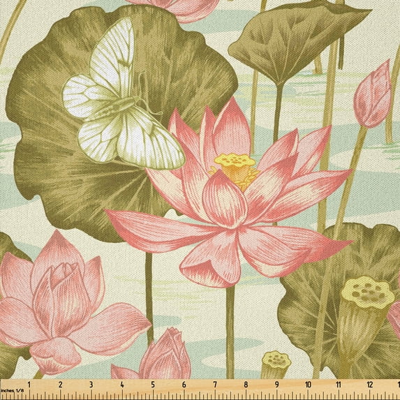 Ambesonne East Fabric by the Yard Microfiber, Exotic Foliage Butterfly, 1 Yard, Pale Green Olive