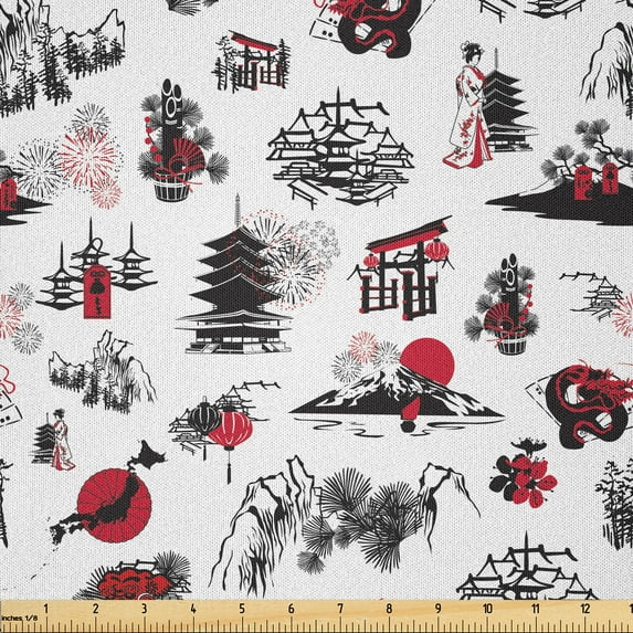 Ambesonne East Fabric by the Yard Microfiber, Japanese Architecture Artwork, 3 Yards, Dark Coral Black White