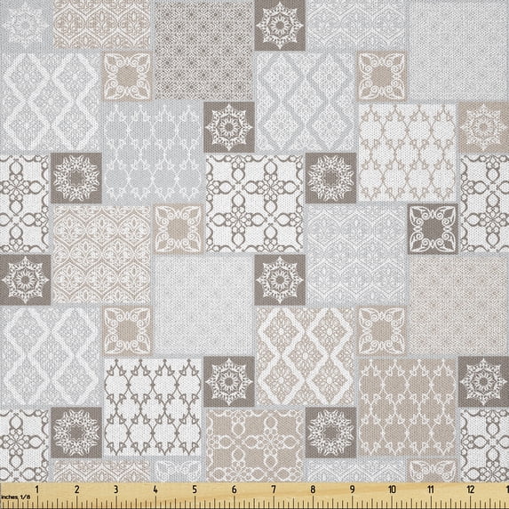 Ambesonne East Fabric by the Yard Microfiber, Oriental Checkered Motif, 10 Yards, Grey Tan Taupe