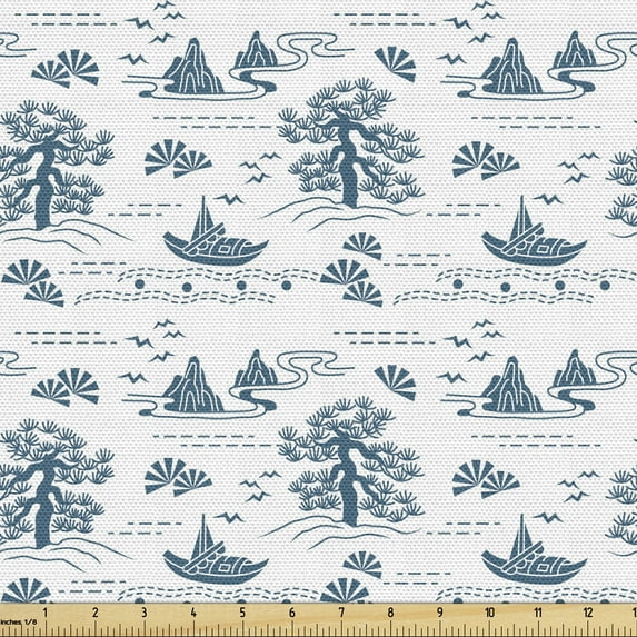 Ambesonne East Fabric by the Yard Upholstery, Lake Mountains Nature Scenery, 10 Yards, Dark Turquoise and White