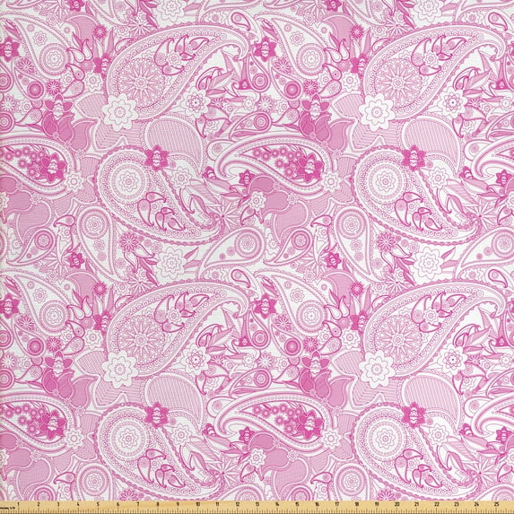 Ambesonne East Fabric by the Yard Upholstery, Paisley Leaves, 10 Yards, Pink and White