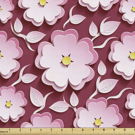 Ambesonne East Fabric by the Yard Upholstery, Romantic Floral Pattern, 1 Yard, Pink Yellow Maroon