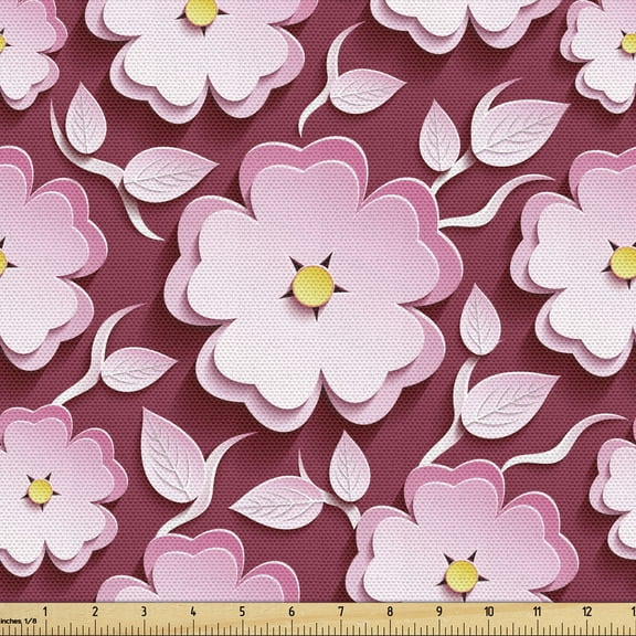 Ambesonne East Fabric by the Yard Upholstery, Romantic Floral Pattern, 1 Yard, Pink Yellow Maroon