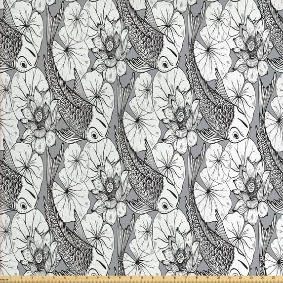 Ambesonne East Fabric by the Yard Upholstery, Sketch Style Carp Koi, 3 Yards, Grey Black White