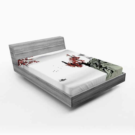 Ambesonne East Fitted Sheet, Cherry Blossoms and Boat, California King, Ruby Pale Grey