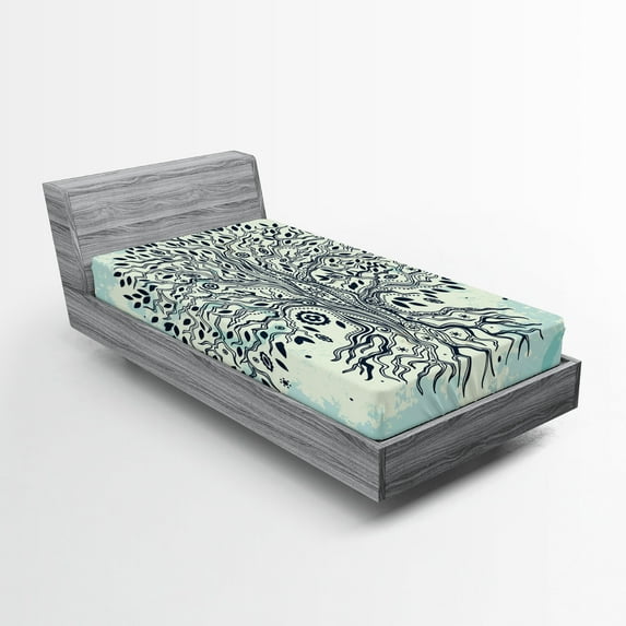 Ambesonne East Fitted Sheet, Chinese Bonsai Roots, Twin XL Size, Indigo Cream Pale Blue