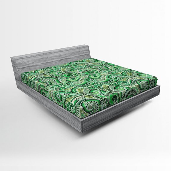 Ambesonne East Fitted Sheet, Classical Retro Green Swirls, Full Size, Black and Green