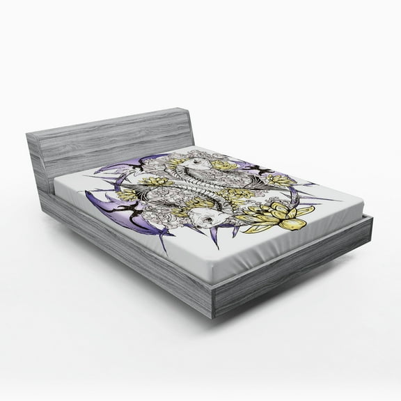 Ambesonne East Fitted Sheet, Fish Skeleton Lotus Art, Full Size, Purple Yellow