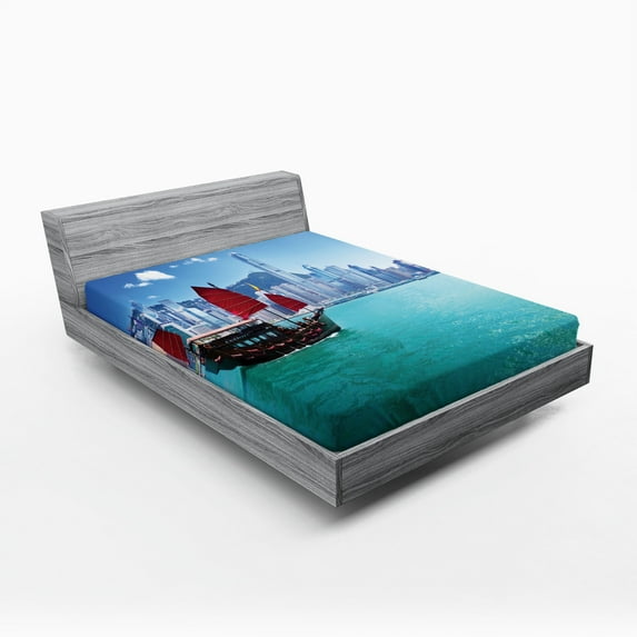 Ambesonne East Fitted Sheet, Hong Kong Harbour Boat, Full Size, Blue Aqua Red