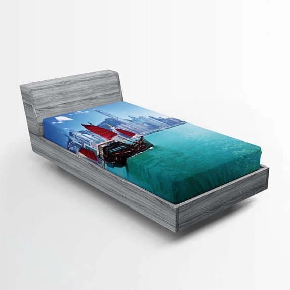 Ambesonne East Fitted Sheet, Hong Kong Harbour Boat, Twin Size, Blue Aqua Red