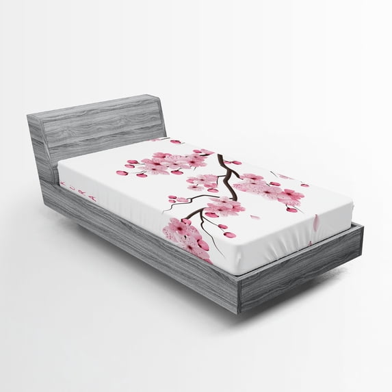 Ambesonne East Fitted Sheet, Japanese Cherry Branch, Twin XL Size, Pink White