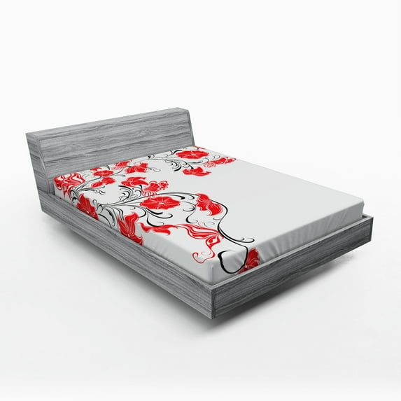 Ambesonne East Fitted Sheet, Japanese Flowers Ivy, Queen Size, Scarlet White