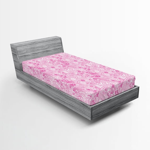 Ambesonne East Fitted Sheet, Paisley Leaves, Twin XL Size, Pink and White