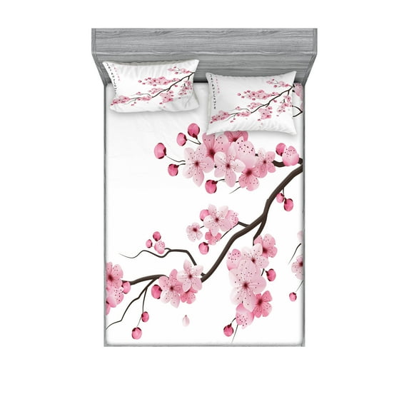 Ambesonne East Fitted Sheet & Pillow Sham Set, Japanese Cherry Branch, Queen, Pink White