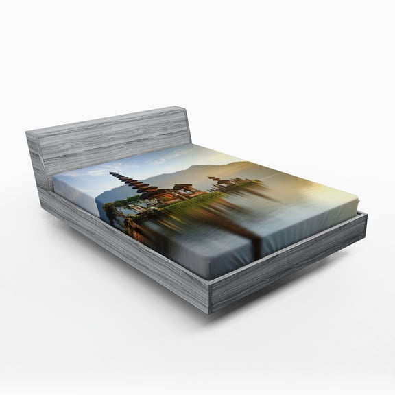 Ambesonne East Fitted Sheet, Pura Ulun Danu Building Asia, Full Size, Beige Brown