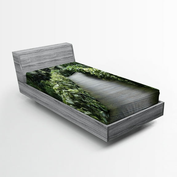 Ambesonne East Fitted Sheet, Scenic Pathway in Singapore, Twin XL Size, Green Brown Fern Green
