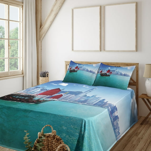 Ambesonne East Fitted & Top Sheet Set with Shams, Hong Kong Harbour Boat, Blue Aqua Red