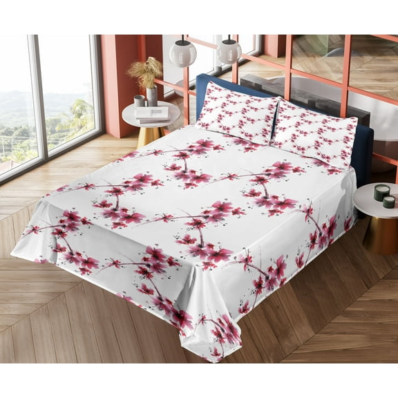 Ambesonne East Fitted & Top Sheet Set with Shams, Petal Flower Ethnic Art, Fuchsia White