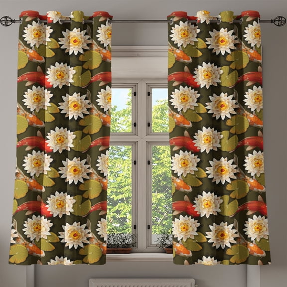 Ambesonne East Grommet Curtain, Japan Inspired Lotus Koi, 50" x 63", Burnt Sienna Orange