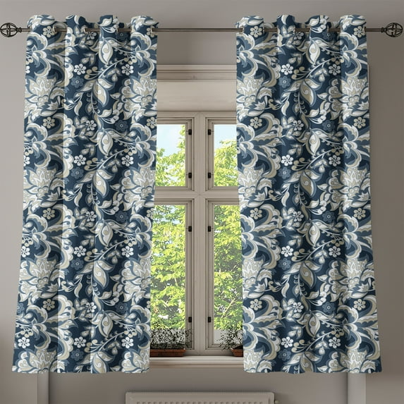 Ambesonne East Grommet Curtain, Oriental Eastern Flowers, 50" x 63", Dark Blue Grey and Beige