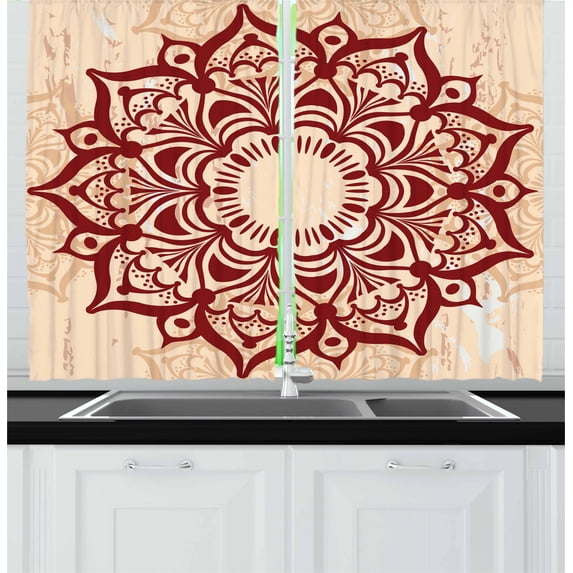 Ambesonne East Kitchen Curtains, Round Cultural Ornament, 55"x45", Peach and Ruby