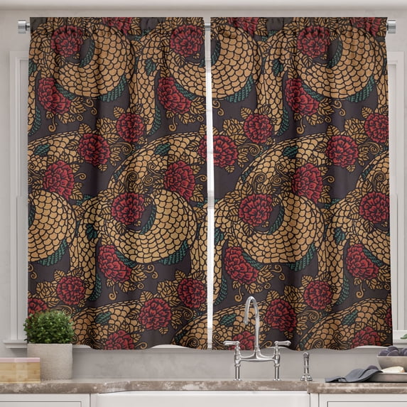 Ambesonne East Kitchen Curtains, Traditional Roses Dragon, 55"x39", Jade Green Sand Brown