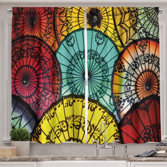 Ambesonne East Kitchen Curtains, Umbrella Market, 55"x30", Multicolor